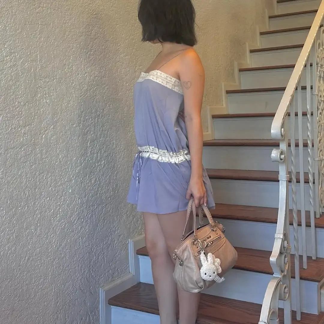 LIZAKOSHT  -  Women  Lace Trim Loose Mini Dress Sleeveless Square Neck Spaghetti Strap Casual Loose Vestidos Lady New Summer Dresses
