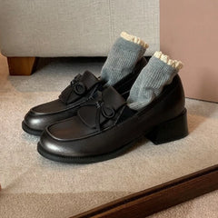 LIZAKOSHT  -  Retro Fashion Chunky Heel Loafers Women Bowknot Round Toe Comfort British Style Casual Soft Leather Shoes Zapatos De Mujer