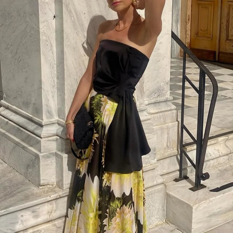 LIZAKOSHT  -  Women One Shoulder Tube Tops Blouse with Long Skirts Suit Temperament Outfits Elegant Floral Print Pleat Banquet Dress Set