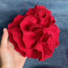 LIZAKOSHT  -  1PC Atmosphere-Enhancing Tipsy Red Cotton Fabric Hollow-Out Four-Layer Scrunchie - Elegant Wine-Red Hair Flower Bun Hair Tie