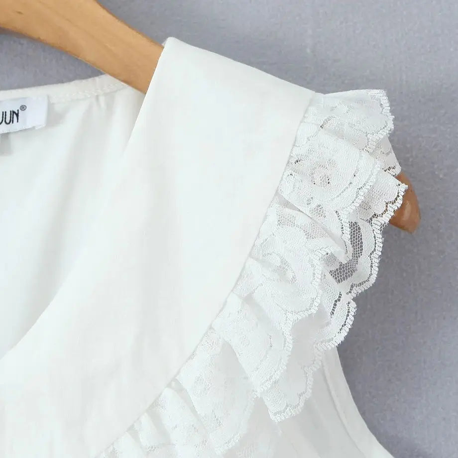LIZAKOSHT  -  Sweet White Spliced Lace open Buttons Peter Pan Collar Mini Sleeveless Dress Women Wood ears Hem Loose Straight Short Vestidos