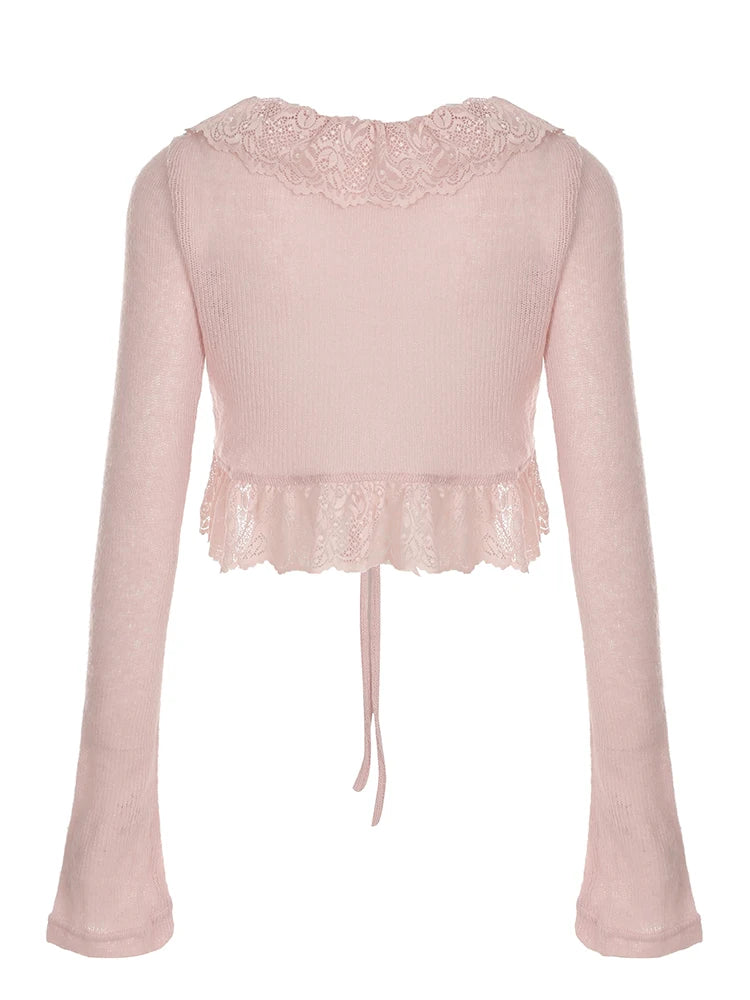 LIZAKOSHT  -  Y2K Pink Flared Sleeve Cardigan Casual Lace Tie-up Beach Cover-Ups Coquette White Long Sleeves Shirts Sunscreen Outwear