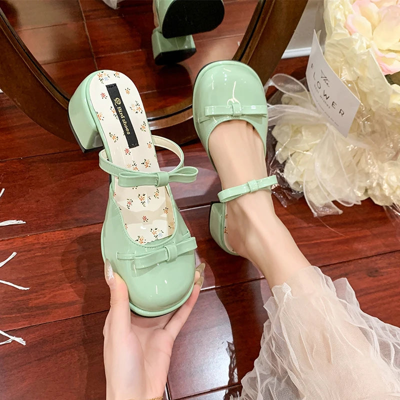 LIZAKOSHT  -  Summer Butterfly-knot Cover Toe Women Slippers Elegant Thick Heel Dress Slides Ladies Concise Slingback Dress Sandals Mule Shoes