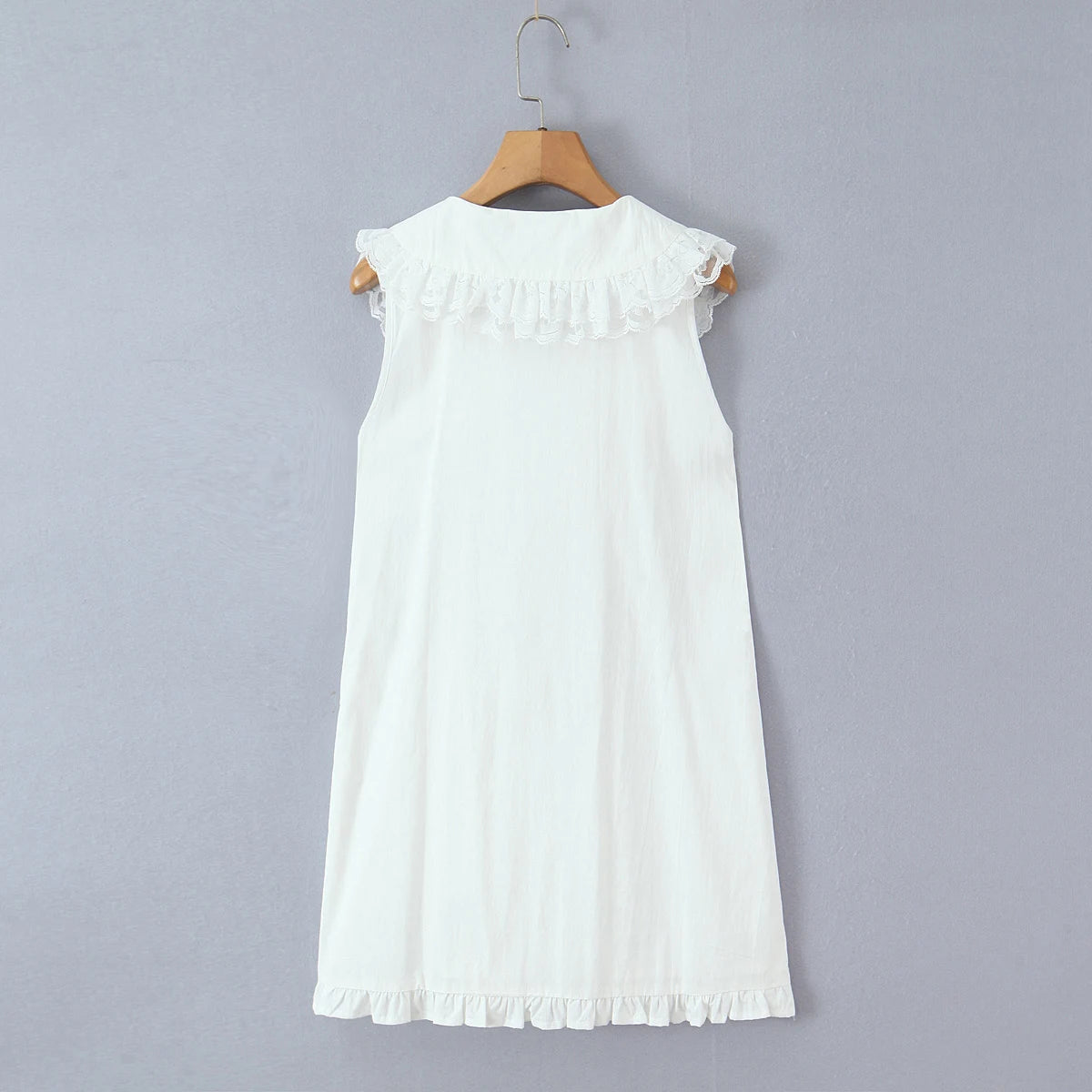 LIZAKOSHT  -  Sweet White Spliced Lace open Buttons Peter Pan Collar Mini Sleeveless Dress Women Wood ears Hem Loose Straight Short Vestidos