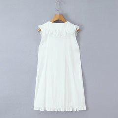 LIZAKOSHT  -  Sweet White Spliced Lace open Buttons Peter Pan Collar Mini Sleeveless Dress Women Wood ears Hem Loose Straight Short Vestidos