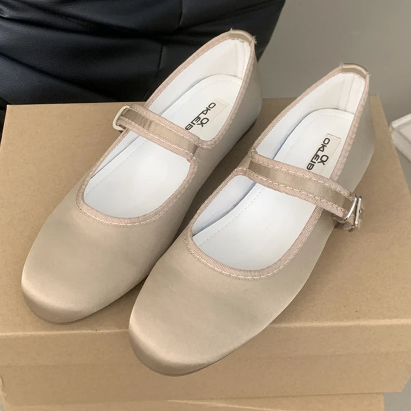 LIZAKOSHT  -  Comfort Satin Soft Sole Ladies Mary Jane Shoes Fashion Round Toe Shallow Women Flats Elegant Buckle Prom Designer Ballet Shoes