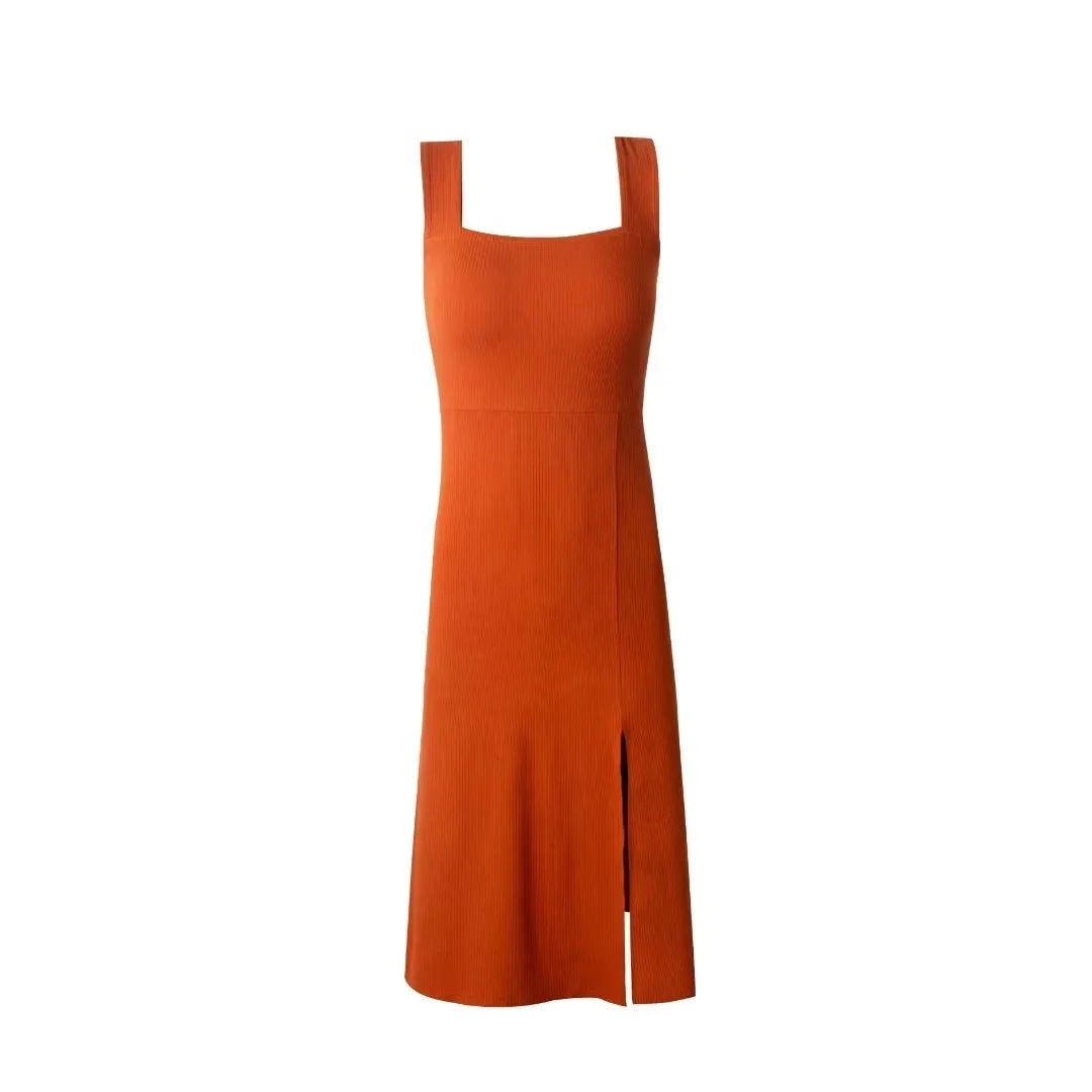 LIZAKOSHT  -  Spring New European and American Holiday Style Solid Color Sexy Square Collar Side Split Leisure Dress