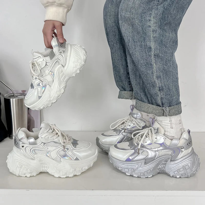 LIZAKOSHT  -  Fashion Silver Chunky Sneakers Women Autumn Lace Up Platform Sports Shoes Woman Thick Bottom Non Slip Walking Shoes Ladies