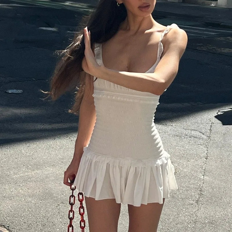 LIZAKOSHT  -  Spring New Fashionable and Sexy Temperament Black Fungal Edge Folded Strap Top Hundred Fold Skirt Short Skirt