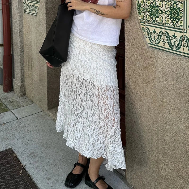 LIZAKOSHT  -  Vintage Lace Midi Skirt Floral Sheer See-Through Irregular Hem A-line Skirt Fairy Streetwear Chic Women Long Skirt