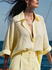 LIZAKOSHT  -  Fashion Women's Shirt Lapel Blouses Elegant Simple Button Cotton Linen Casual Basic Vintage Yellow Tops for Female