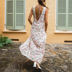 LIZAKOSHT  -  Women Y2k V Neck Maxi Dress Vintage Floral Print Sleeveless Backless Long Dress Bohemian Beach Midi Dress Streetwear
