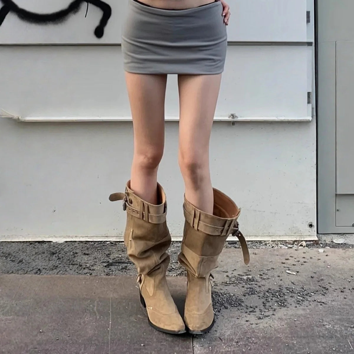 LIZAKOSHT  -  Wasteland Vintage Suede Wide Legs Cowboy Boots Women Retro y2k Western Boots Belt Strap Knee High Boots Shoes Square Heels