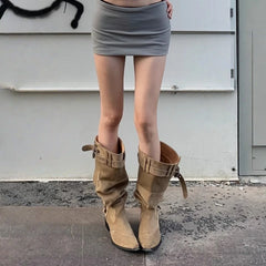 LIZAKOSHT  -  Wasteland Vintage Suede Wide Legs Cowboy Boots Women Retro y2k Western Boots Belt Strap Knee High Boots Shoes Square Heels