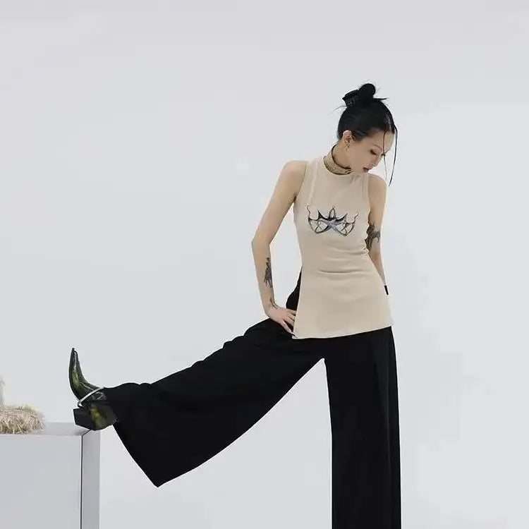 LIZAKOSHT  -  Waistcoat Irregular Sleeveless Slit Printing Round Collar Tops Aesthetics Y2k Vintage Design Tanktop Korean Fashion