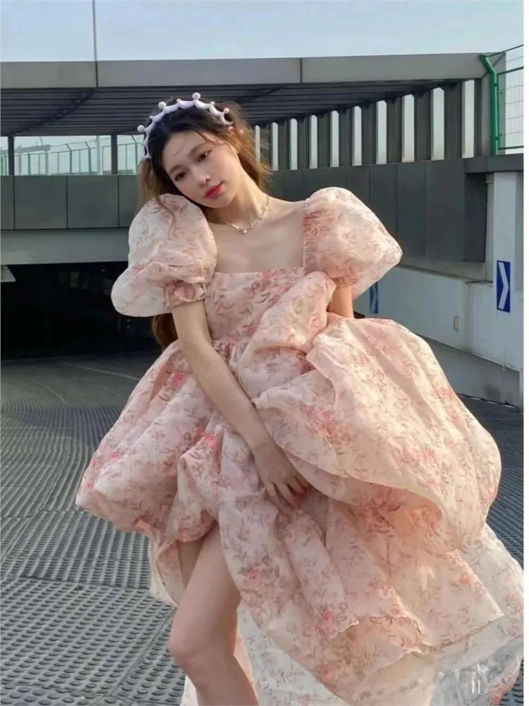 LIZAKOSHT  -  Vintage Princess Sweet High Low Front Short Back Long Dress Women Puff Sleeve  vestido mujer versailles dress Prom dress