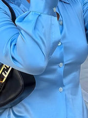 LIZAKOSHT  -  Fashion Women Stain Shirts Blue All Match Streetwear Female Slim Long Sleeve Blouse Spring Casual White Bell Sleeve Shirt