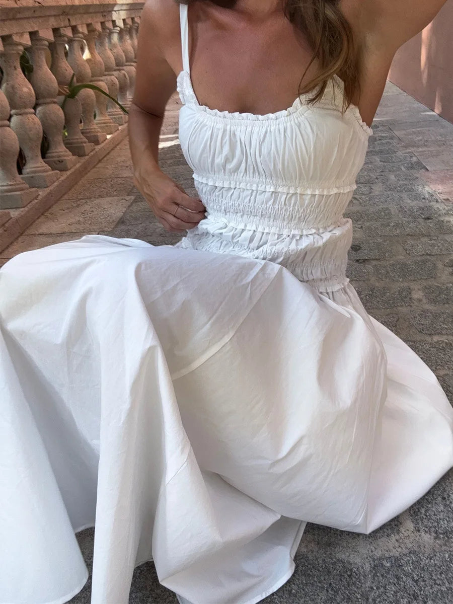 LIZAKOSHT  -  New 2026 Summer White Ruched Long Dresses Women's Spaghetti Strap Cotton Slim Fitted Waist Dress