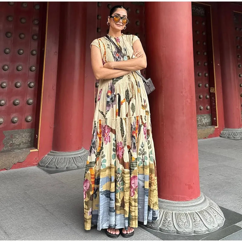 LIZAKOSHT  -  Loose Print Tube Long Dress For Women O-neck Short Sleeve Draped Casual Robe 2025 Summer Elegant Female Evening Party Dresses