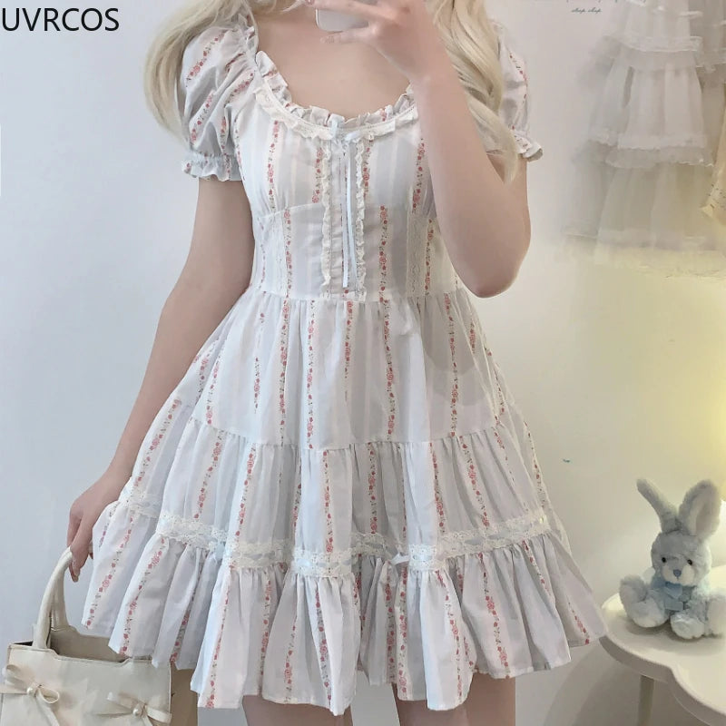 LIZAKOSHT  -  Japanese Kawaii Lolita Style Dress Women Sweet Flower Print Ruffles Square Neck Princess Dresses Female Cute Party Mini Dresses