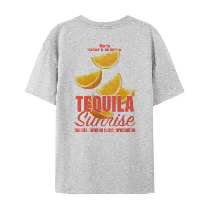 LIZAKOSHT  -  Tequila Sunrise Graphic Tee Y2k Summer Fashion Cotton Top Cocktail Drink Shirt Oversized Aesthetic Streetwear Women T-Shirt