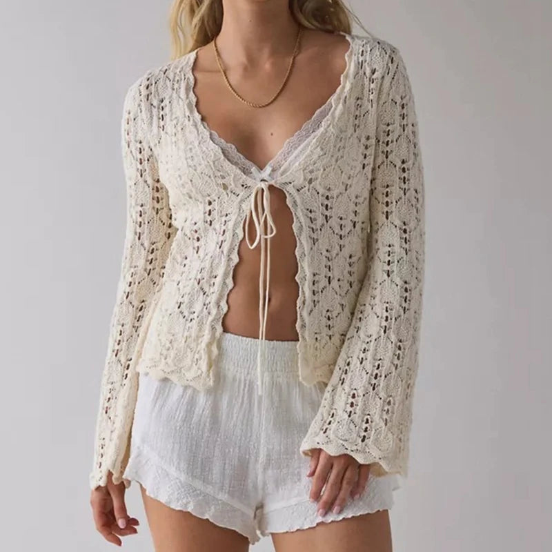 LIZAKOSHT  -  Women Vintage Front Tie Cardigan Crochet Hollow Out Knitted Sweaters Fall Long Sleeve Bolero Shrug Y2K Knitted Tops