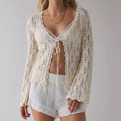 LIZAKOSHT  -  Women Vintage Front Tie Cardigan Crochet Hollow Out Knitted Sweaters Fall Long Sleeve Bolero Shrug Y2K Knitted Tops