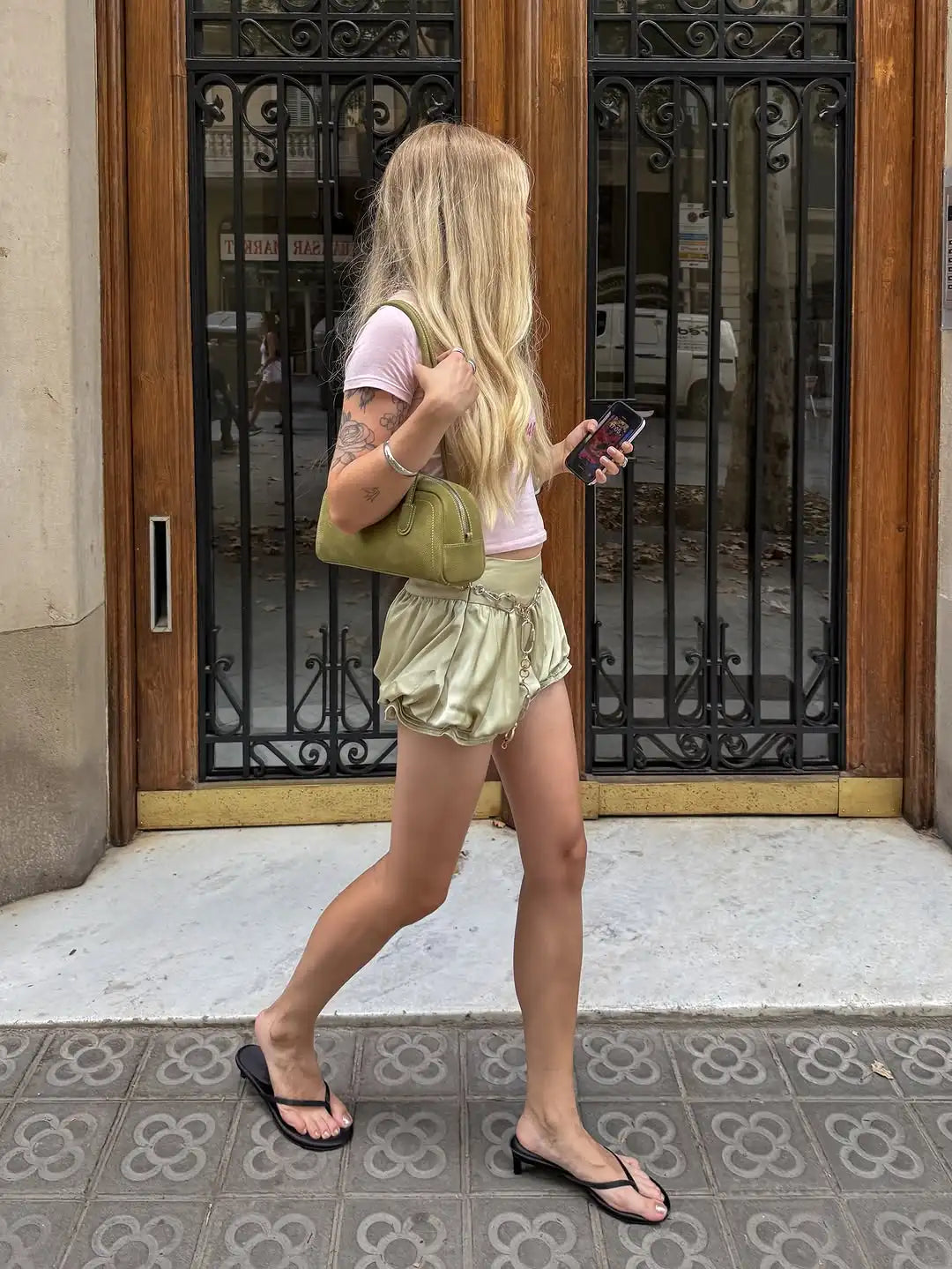 LIZAKOSHT  -  Lady Chic Satin Bubble Shorts Women Light Green Chain Trim High-waist Casual Street Vacation Bottoms Summer Outing Pants