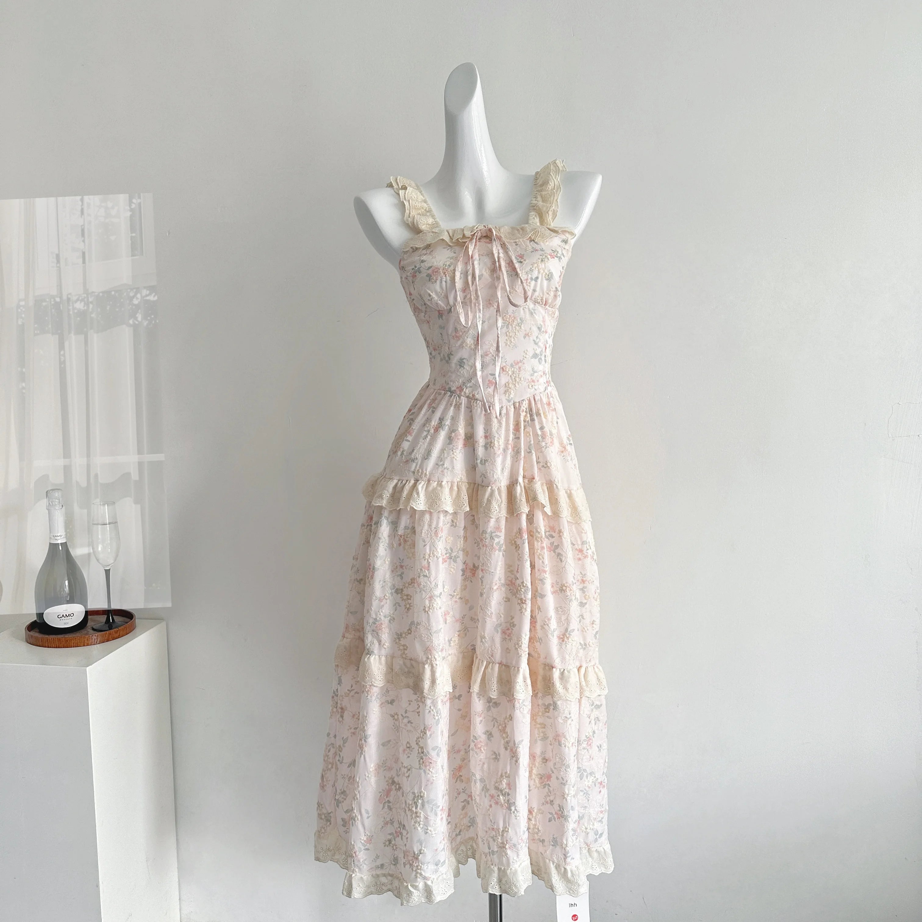 LIZAKOSHT  -  Summer French Elegant Mori Girl Style Long Dress Women Flying Sleeve Lace-Up Print Slim Dress Sweet Cute Casual Clothing