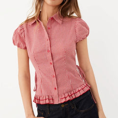 LIZAKOSHT  -  Cute Y2k Red Plaid T-shirt Blouse Woman Side Tie up Lapel Collar Short Cap Sleeve Slim Shirts Sweet Preppy Style Crop Tops