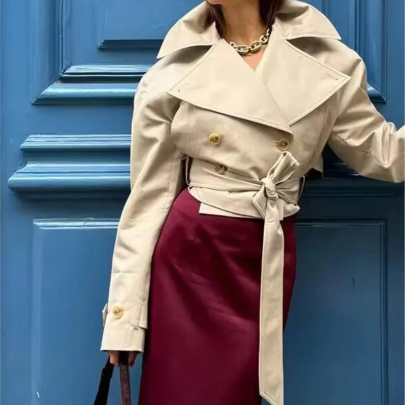 LIZAKOSHT  -  Fashion Simple Cropped Windbreaker Jackets Women New Spring Belt Long Sleeve Double Breasted Coats Solid Casual Short Coats