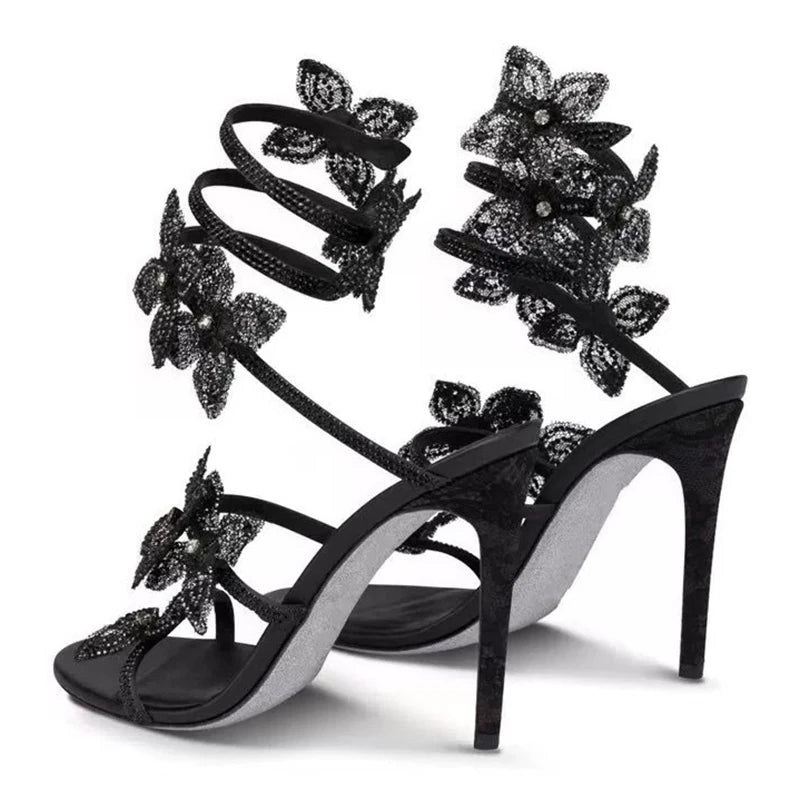 LIZAKOSHT  -  Sexy CRYSTAL Flower Thin High Heels Women Sandals Street Style Narrow Band Ankle Strap Pole Dancing Ladies Shoes