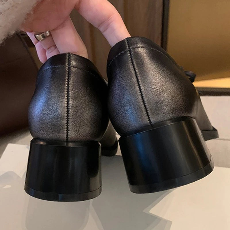 LIZAKOSHT  -  Retro Fashion Chunky Heel Loafers Women Bowknot Round Toe Comfort British Style Casual Soft Leather Shoes Zapatos De Mujer