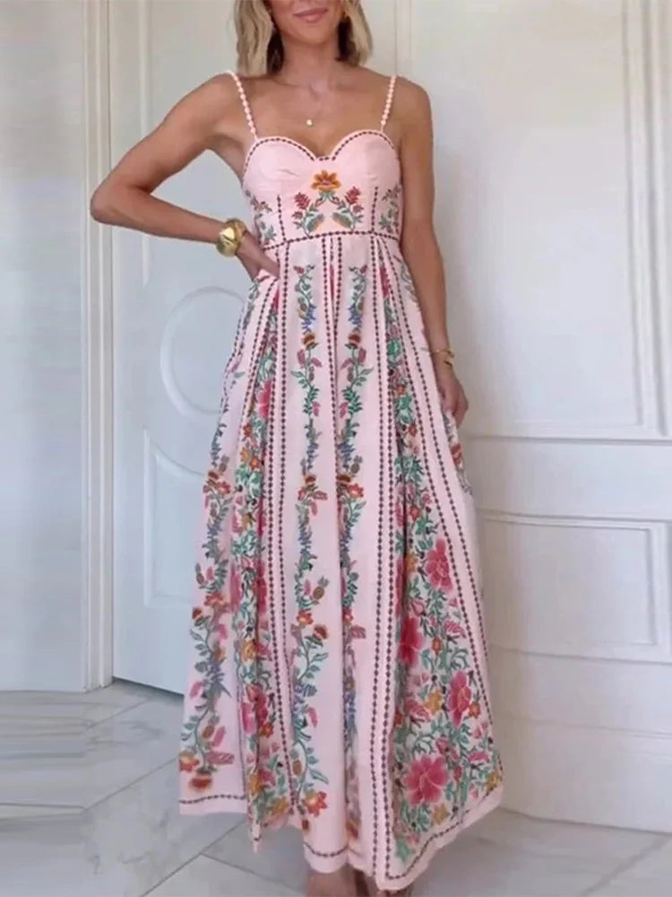 LIZAKOSHT  -  Sexy Printed Bead Sling Dress Women Fashion Sleeveless High Waist Pleated A-line Long Dresses 2025 Lady Summer Chic Party Robes