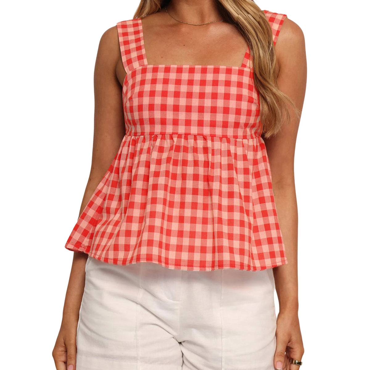 LIZAKOSHT  -  Women s Casual Sleeveless Plaid Print Babydoll Tank Top with Bow Tie Back and Flowy Hem for Summer Style