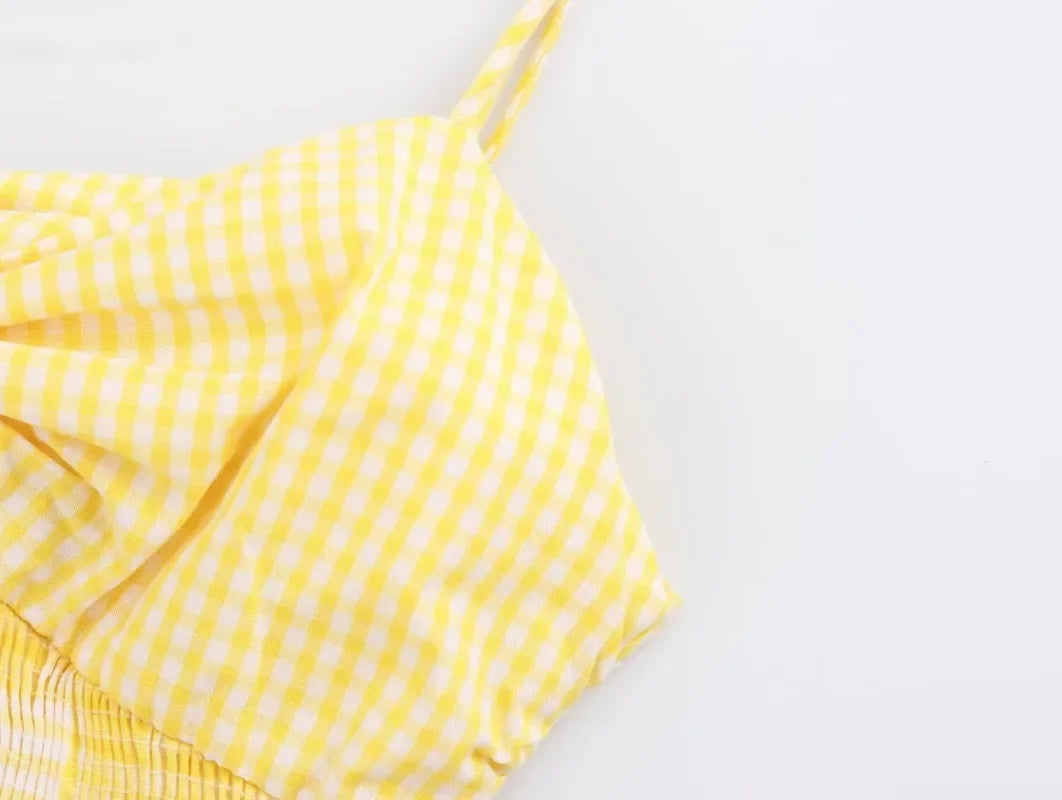 LIZAKOSHT  -  New Fashion Vintage Beach Mini Dress for Women 2024 Summer Holiday Women Casual Small Plaid Bow Yellow Dress Elegant Vestidos