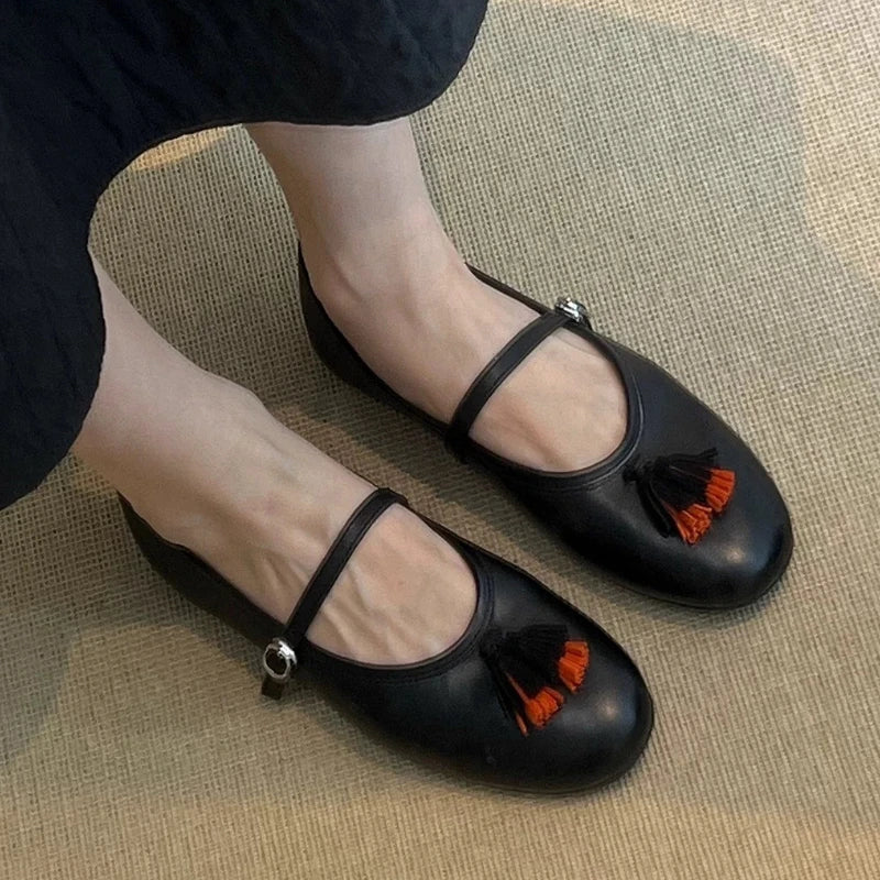 LIZAKOSHT  -  Fashion Tassel Decoration Ballet Flats Women Soft Leather Buckle Round Toe Mary Jane Shoe Comfort Shallow Designer Loafers Pumps
