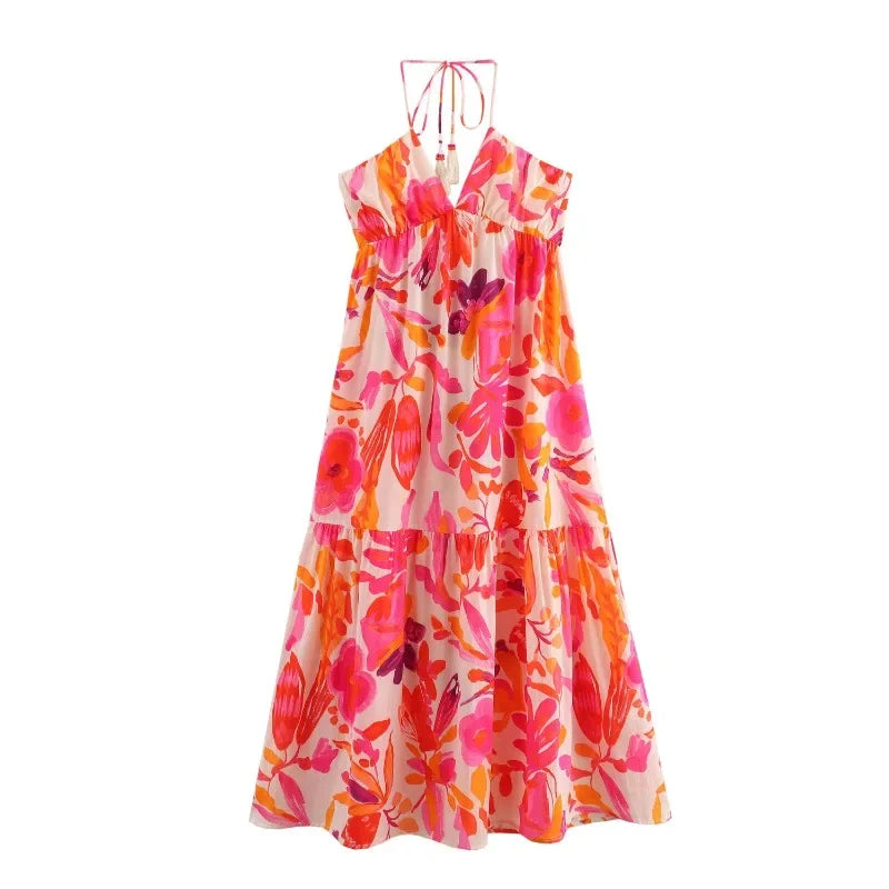 LIZAKOSHT  -  Holiday Vintage Beach Dress  Fashion Women Printed Tie-Up Waist Slim Dress Women Backless Long Dress Vestidos Summer New