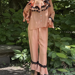 LIZAKOSHT  -  Women Satin Silk Pajamas Lace Trim Long Sleeve Turn Down Ruffles Button Up Blouse Tops + Pants Lounge 2 Pcs Set