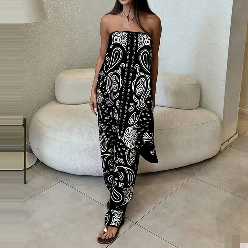 LIZAKOSHT  -  Summer Hawaii Casual Vacation Two Piece Sets Elegant Women Simple Set Fashion Tube Top Pattern Printed Irregular Tops&Pants Sets