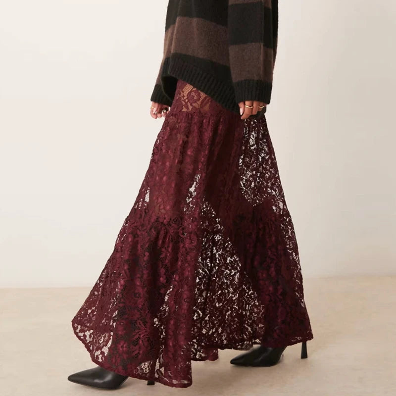 LIZAKOSHT  -  Y2k Vintage Floral See-Through Maxi Skirt Aesthetic Clothes Lace Sheer A-Line Skirt Women High Street Beach Vacation