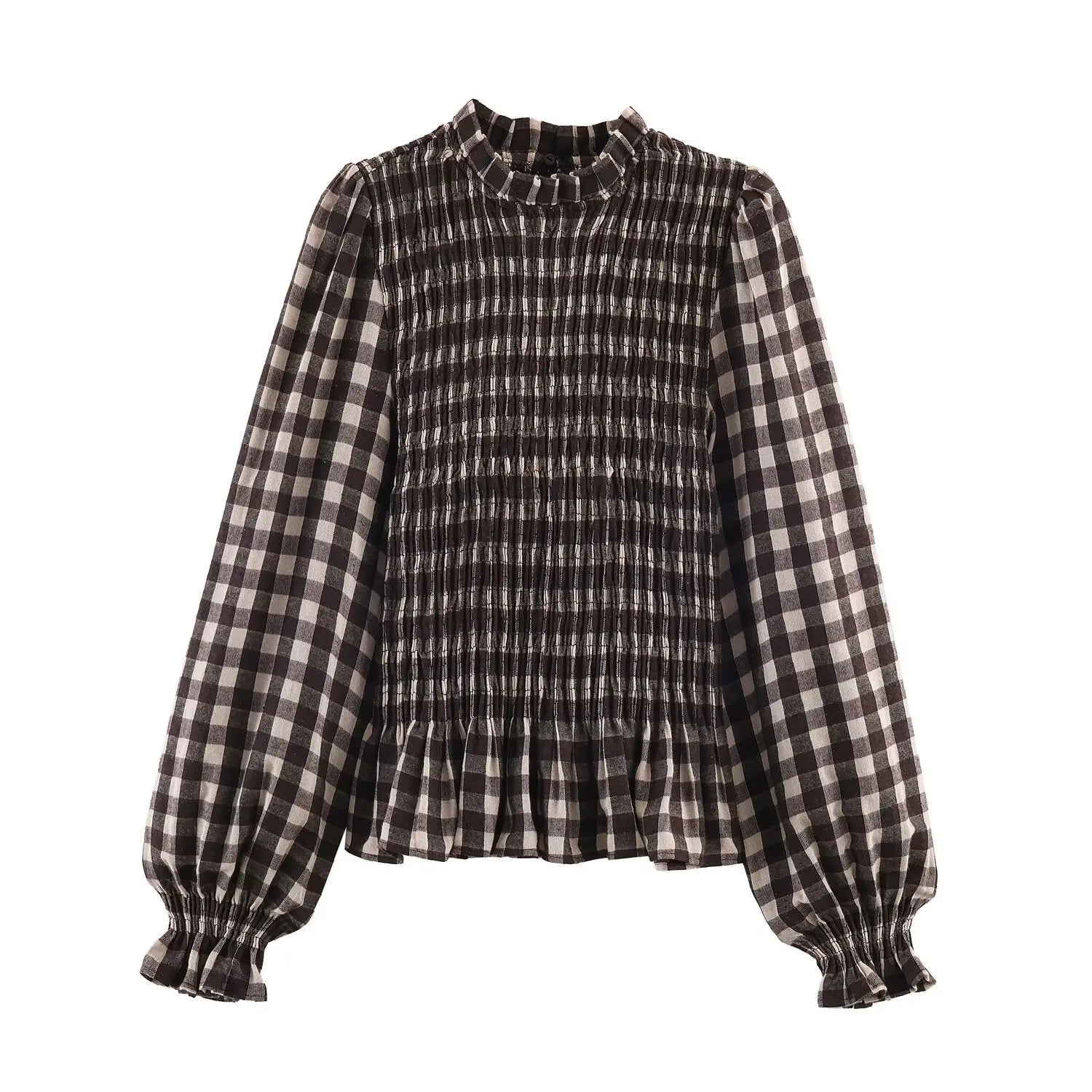 LIZAKOSHT  -  Elastic Ruffles Plaid Shirts Women Causal O-neck Long Sleeve Slim Blouses Tops 2026 Spring New In Female Chic Cute Shirts Cloth