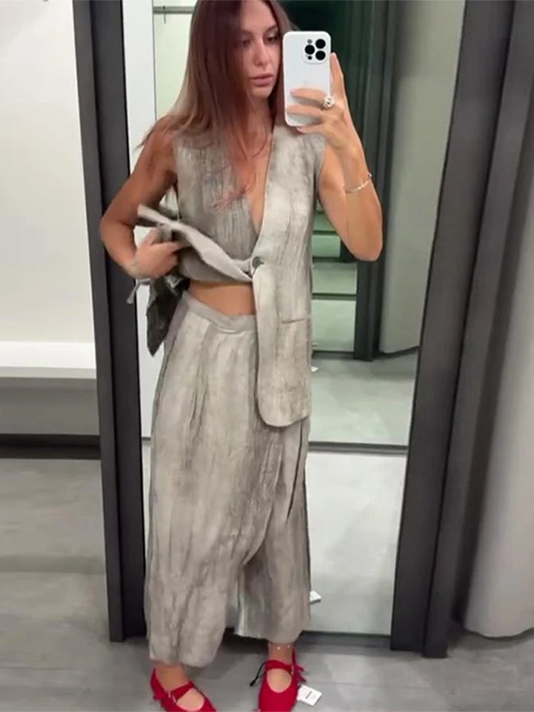 LIZAKOSHT  -  Casual Tie-dyed Lace Up Women Tank V-neck Sleeveless Single Button Loose Female Vest 2024 Spring Summer New Fashion Lady Tops