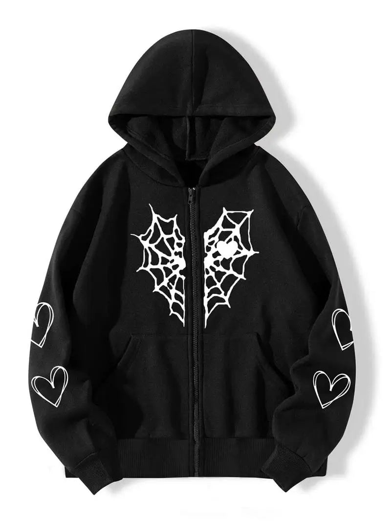 LIZAKOSHT  -  Thi Heartaped Printed Zipper Warm Hooded Cardigan Long Sve Mid-Length Polyester Women's Sweatirt Faion Autumn