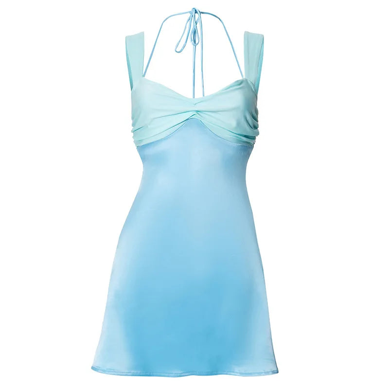 LIZAKOSHT  -  Summer Lace Up Halter Beach Vacation Mini Dress Outfits Women Bandage Backless Sleeveless Y2K Streetwear A Line Dresses Vestido