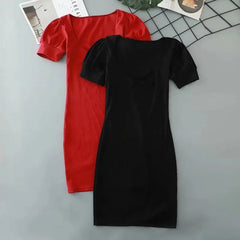 LIZAKOSHT  -  Sexy Mini Skirt Dress with Pleats Bodycon Short Dress Low Cut Square Collar Bubble Sleeve Women's Clothing Club Dress