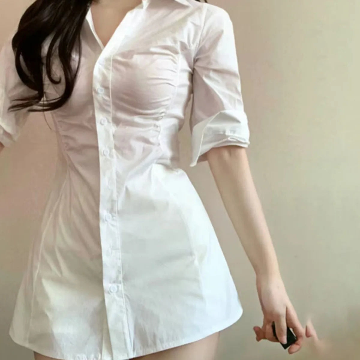 LIZAKOSHT  -  Casual Sexy Solid Color Slimming Smoothing Sexy Shirt Dress for Women Niche Design Sensibility Waist-fitted Mini-length Dress
