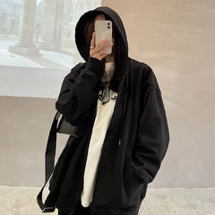 LIZAKOSHT  -  Women Zipper Sweatshirts Loose Oversize Casual Large Pocket Drawstring Hoodie Thin Solid Sporty Unisex Streetwear Sweatshirts