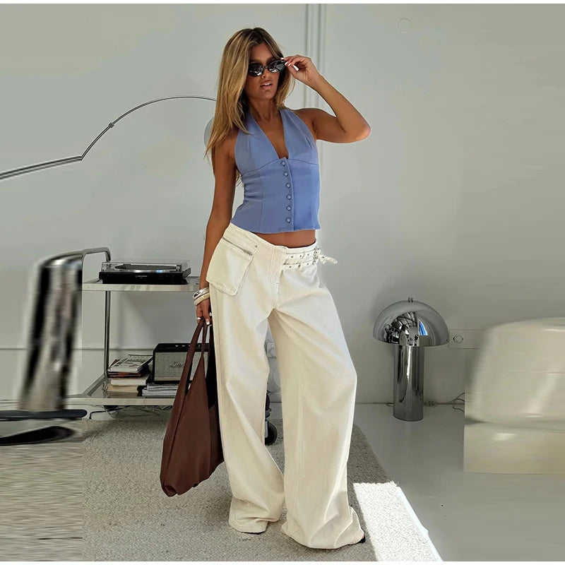 LIZAKOSHT  -  Street Belt Women Jeans Mid Waist Wide Leg Pockets Loose Female Denim Pants Autumn New Fashion All-match Lady Trousers