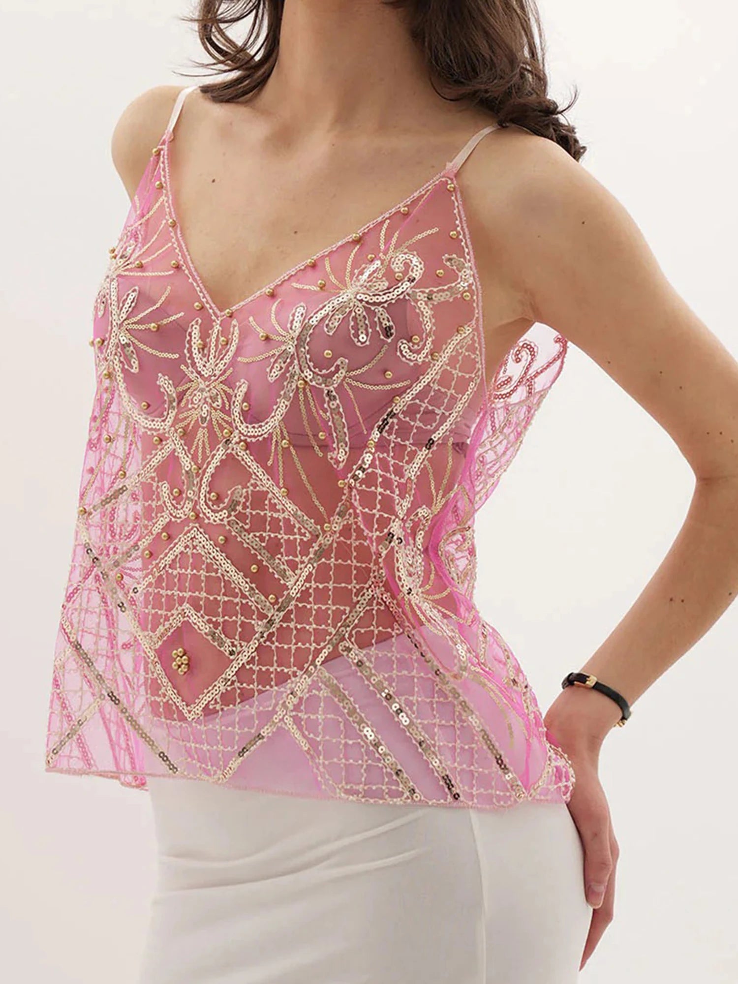 LIZAKOSHT  -  Women s Elegant Floral Lace Sleeveless V-Neck Camisole Tank Top Summer Casual Embroidered Mesh Spaghetti Strap Shirt